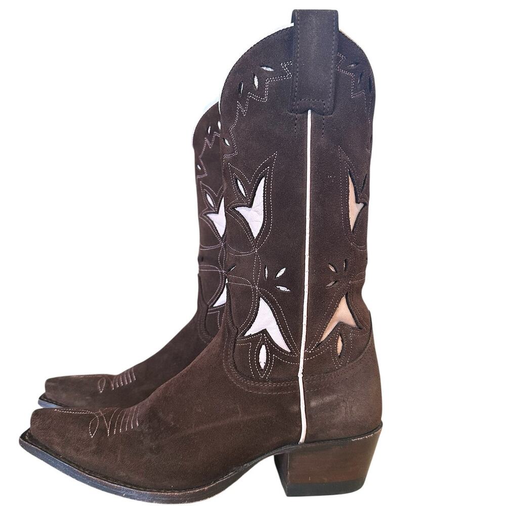 Frye Vintage Brown Leather Pink Leather Floral Cowgirl Boots